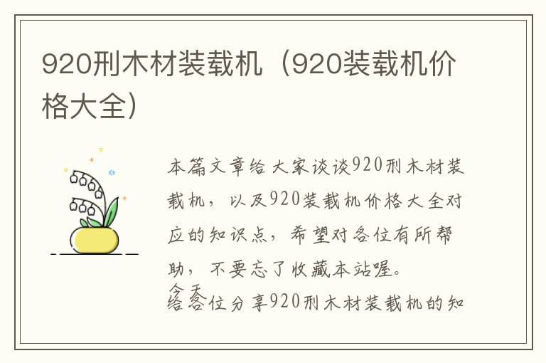 920刑木材装载机（920装载机价格大全）